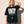 Faith Over Fear tee, black, front print, woman, hand in hair thigh up