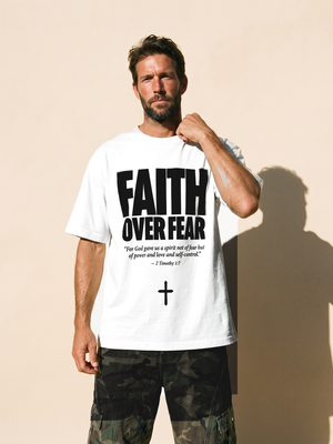 Faith Over Fear tee, white, front print, man, hand on collar thigh up