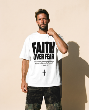Faith Over Fear tee, white, front print, man, hand on collar thigh up