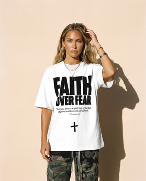 Faith Over Fear tee, white, front print, woman, hand in hair thigh up