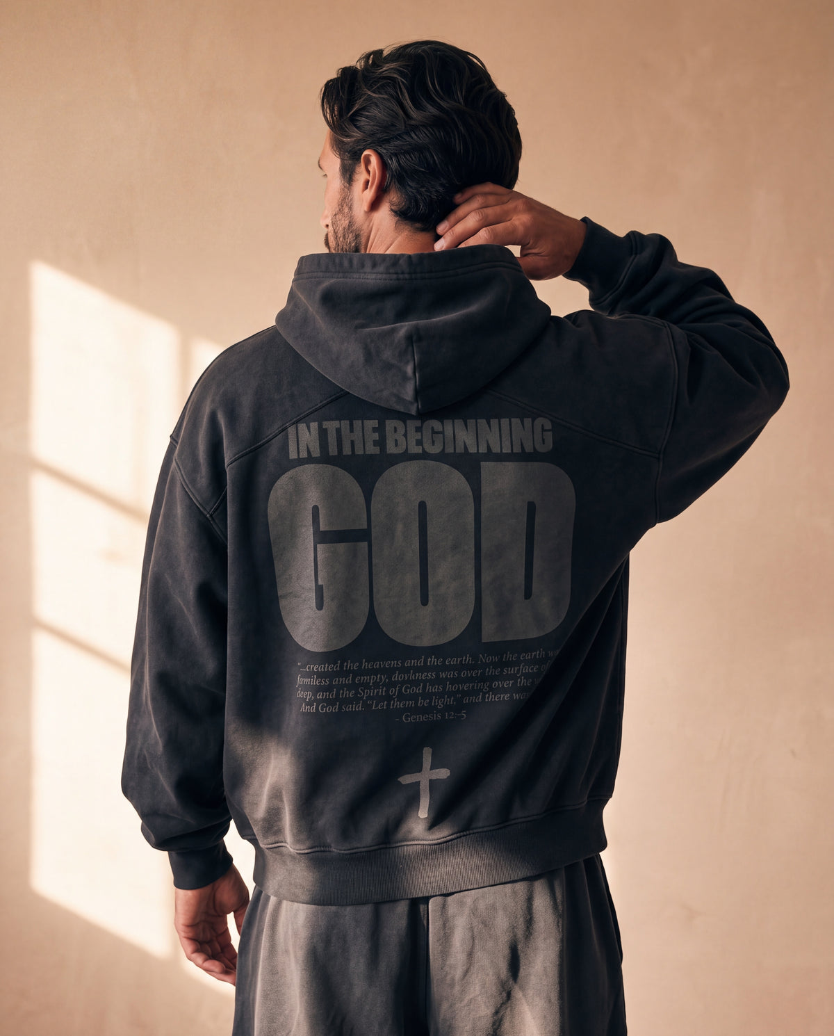 BLACK FADED HOODIE · IN THE BEGINNING GOD