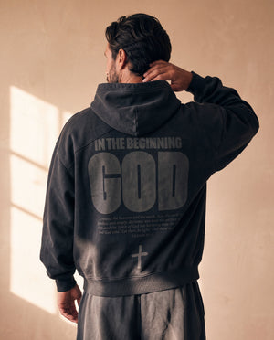 BLACK FADED HOODIE · IN THE BEGINNING GOD