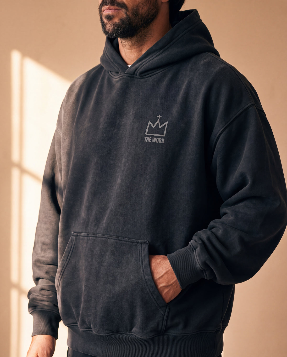 BLACK FADED HOODIE · IN THE BEGINNING GOD