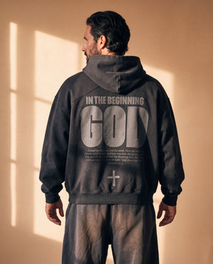 BLACK FADED HOODIE · IN THE BEGINNING GOD