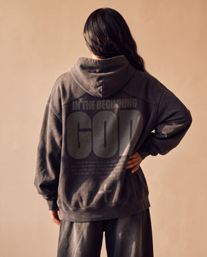 BLACK FADED HOODIE · IN THE BEGINNING GOD