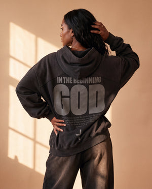 BLACK FADED HOODIE · IN THE BEGINNING GOD