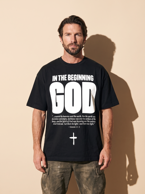 In The Beginning God tee, black, front print, man, standing thigh up