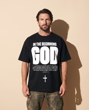 In The Beginning God tee, black, front print, man, standing thigh up
