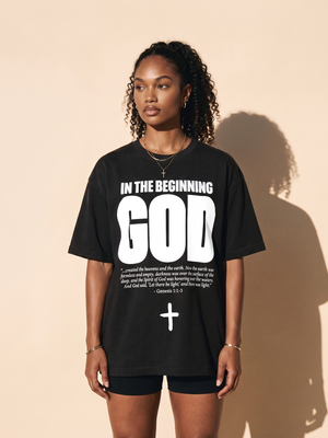 In The Beginning God tee, black, front print, woman, standing thigh up