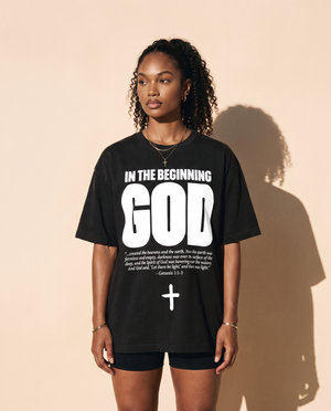 In The Beginning God tee, black, front print, woman, standing thigh up