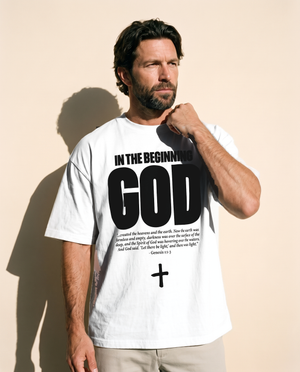 In The Beginning God tee, white, front print, man, hand on collar thigh up