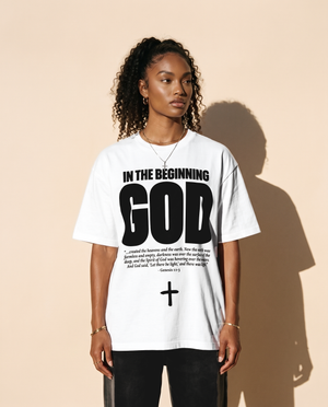 In The Beginning God tee, white, front print, woman, standing thigh up