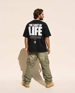 The Light of Life tee, black, back print edition, man, back print full body look over
