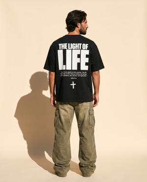 The Light of Life tee, black, back print edition, man, back print full body