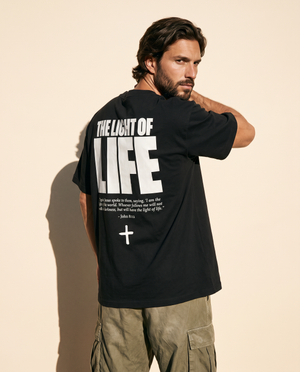 The Light of Life tee, black, back print edition, man, back print hand on shoulder