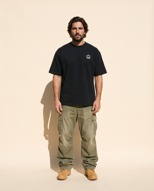 The Light of Life tee, black, back print edition, man, front crown full body