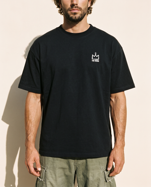The Light of Life tee, black, back print edition, man, front crown chest close up