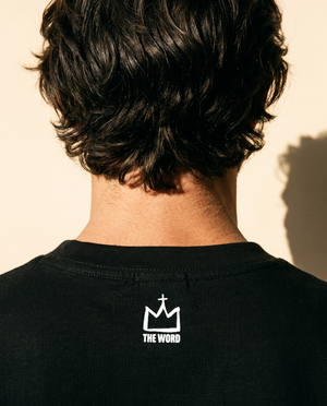 The Light of Life tee, black, back print, man, crown close up