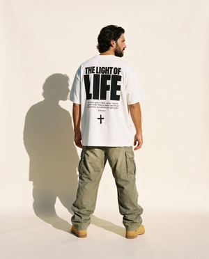 The Light of Life tee, white, back print edition, man, back print full body