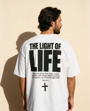 The Light of Life tee, white, back print edition, man, back print waist up