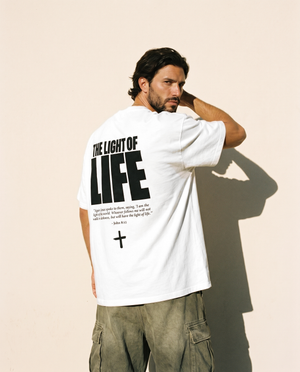 The Light of Life tee, white, back print edition, man, back print hand in hair