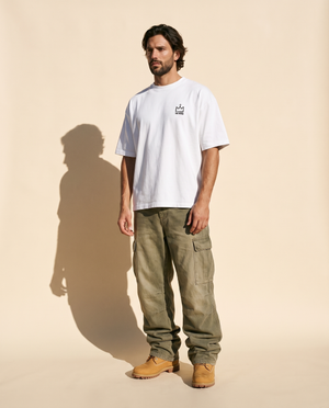 The Light of Life tee, white, back print edition, man, front crown full body