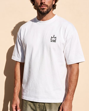 The Light of Life tee, white, back print edition, man, front crown chest close up