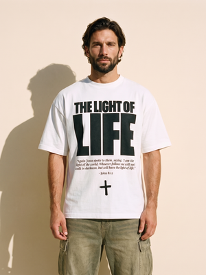 The Light of Life tee, white, front print, man, standing thigh up