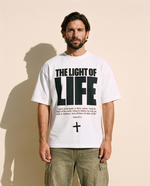 The Light of Life tee, white, front print, man, standing thigh up