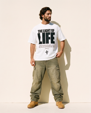 The Light of Life tee, white, front print, man, full body