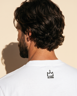 The Light of Life tee, white, back print, man, crown close up