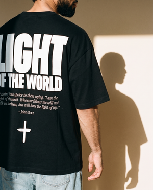Light of the World tee, black, back print edition, man, back print torso crop