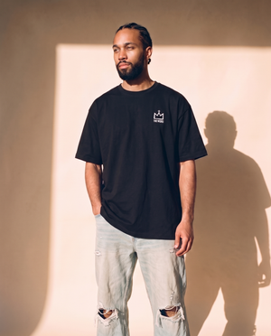 Light of the World tee, black, back print edition, man, front crown thigh up
