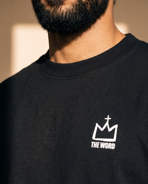Light of the World tee, black, back print edition, man, front crown neckline close up