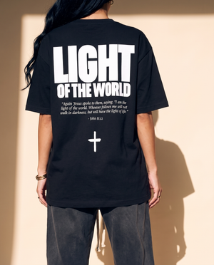 Light of the World tee, black, back print edition, woman, back print close up