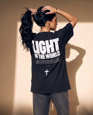 Light of the World tee, black, back print edition, woman, back print hands in hair