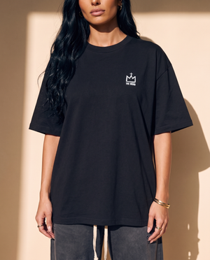Light of the World tee, black, back print edition, woman, front crown chest close up