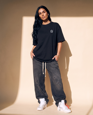 Light of the World tee, black, back print edition, woman, front crown full body
