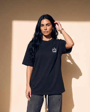 Light of the World tee, black, back print edition, woman, front crown thigh up