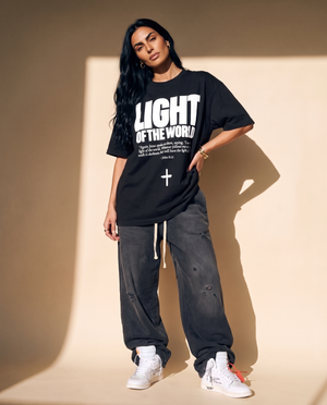 Light of the World tee, black, front print, woman, rope drawcord full body