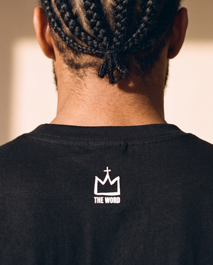 Light of the World tee, black, back print, man, crown close up
