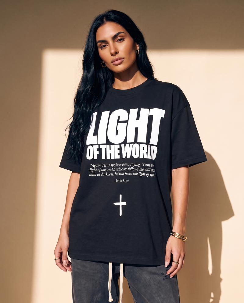 Light of the World tee, black, front print, woman, chest close up