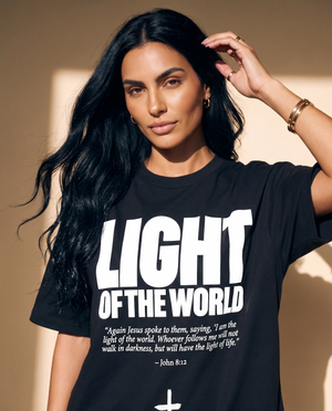Light of the World tee, black, front print, woman, portrait
