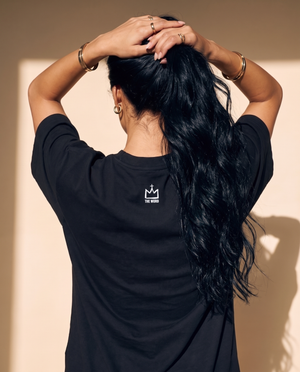 Light of the World tee, black, back print, woman, crown close up
