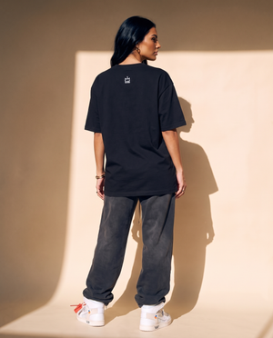 Light of the World tee, black, back print, woman, back view full body