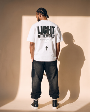 Light of the World tee, white, back print edition, man, back print thigh up
