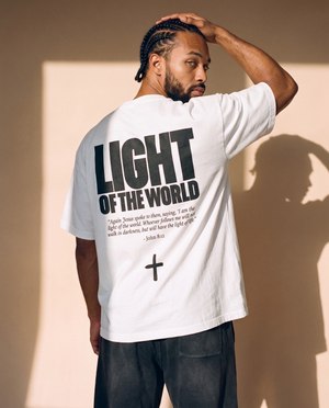 Light of the World tee, white, back print edition, man, back print hand on head look over