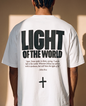 Light of the World tee, white, back print edition, man, back print close up