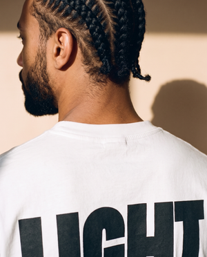 Light of the World tee, white, back print edition, man, back print upper back close up