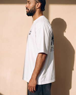 Light of the World tee, white, back print edition, man, front crown side profile